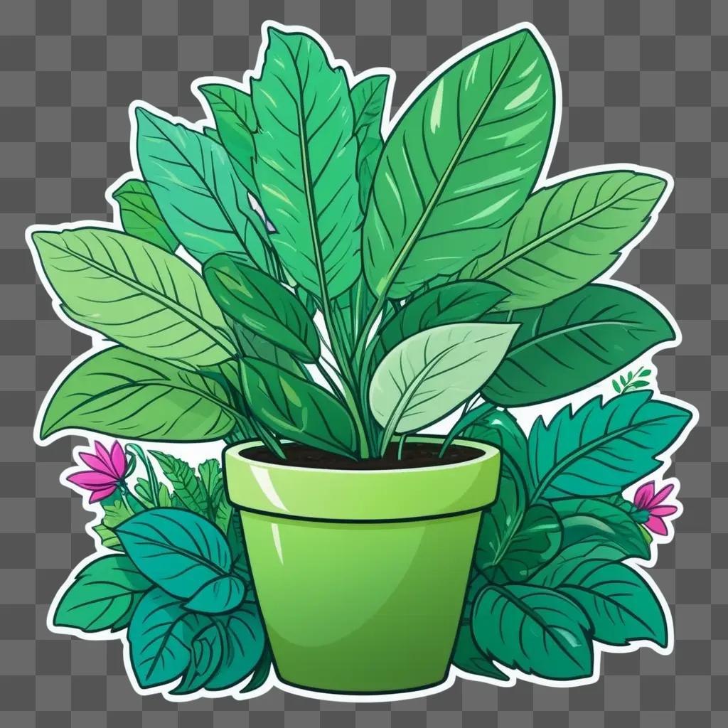 cartoon green plant in a pot with pink flowers