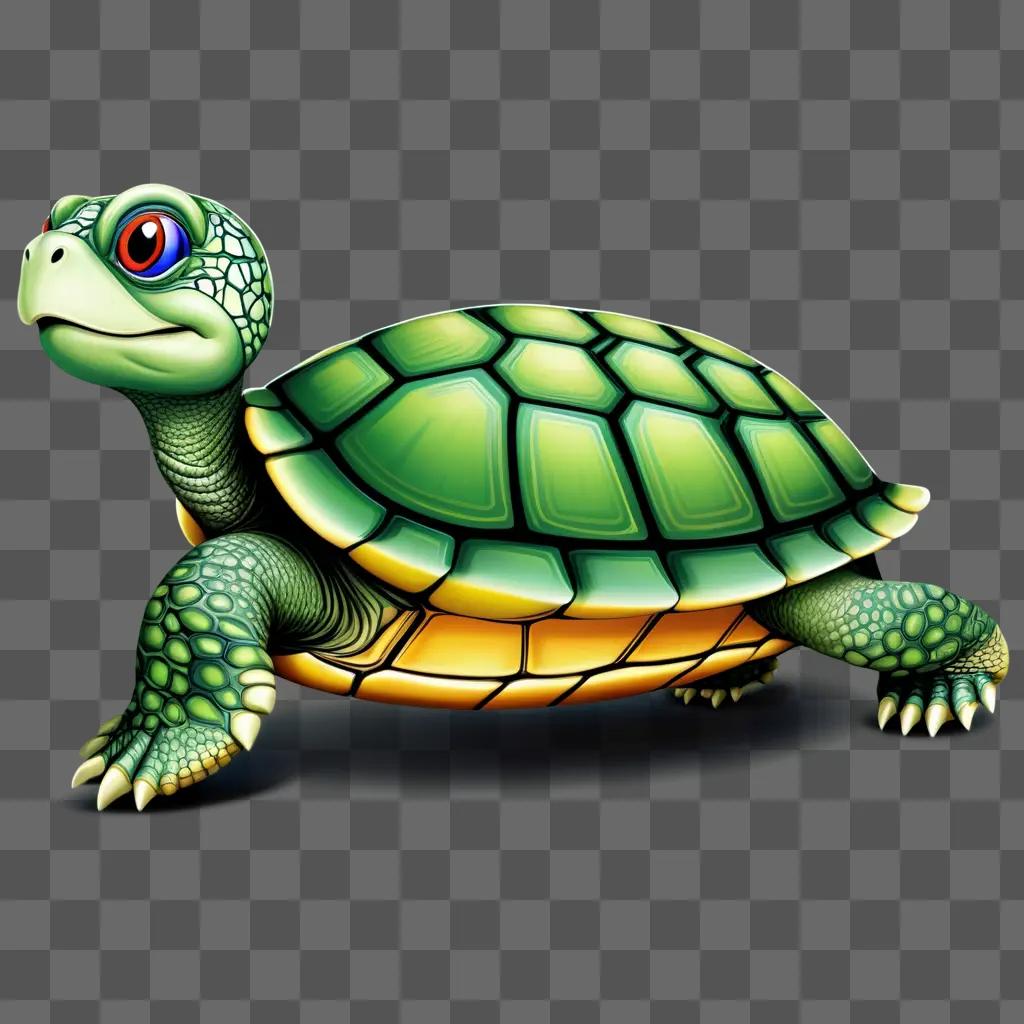 cartoon green turtle with red eyes and orange fins