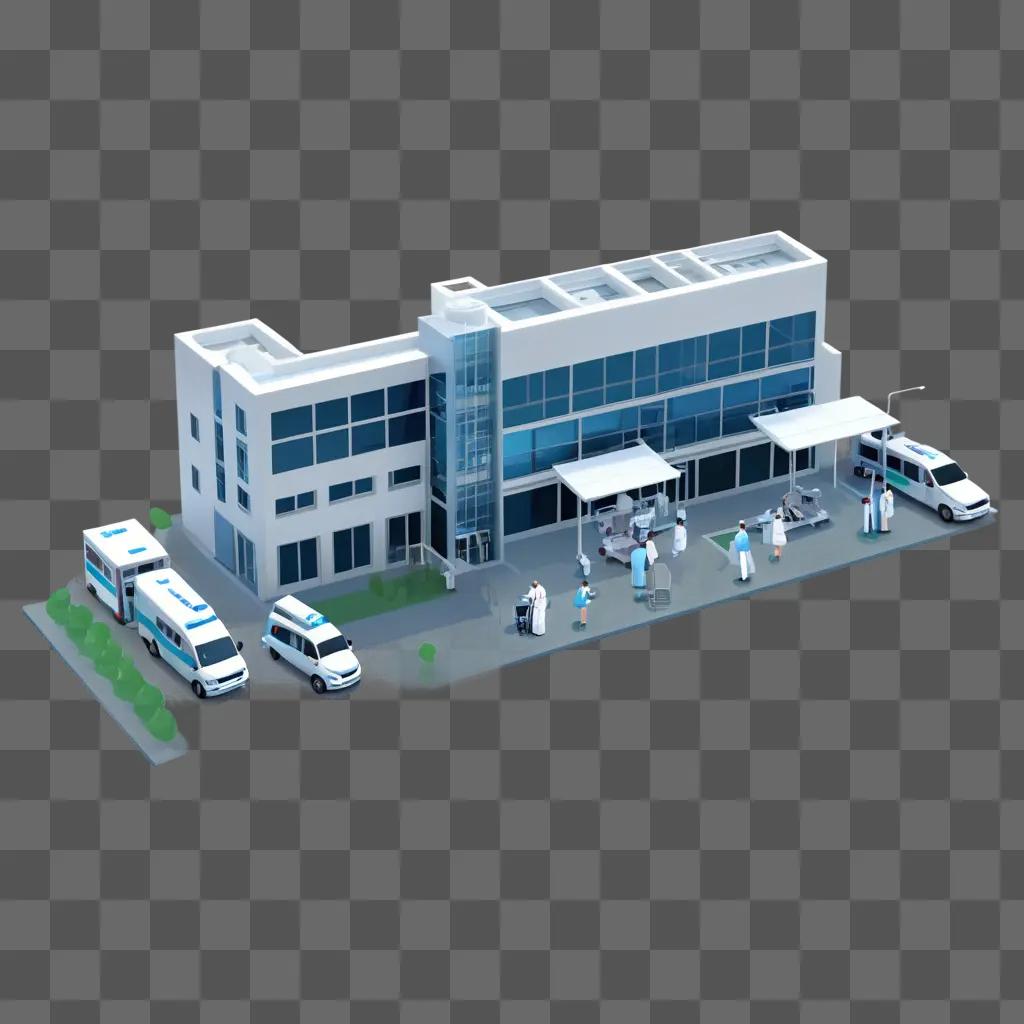 cartoon hospital with people and vehicles