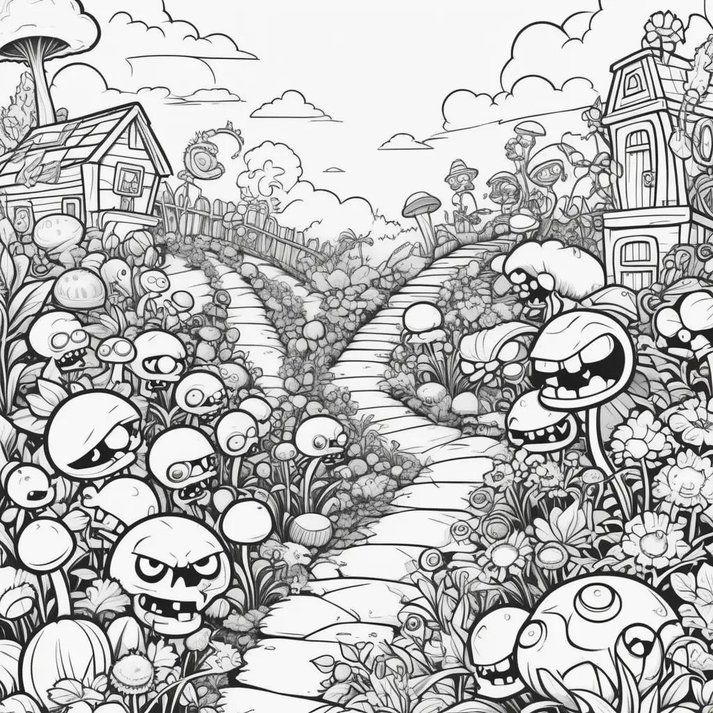 cartoon illustration of a zombie-infested garden with a path