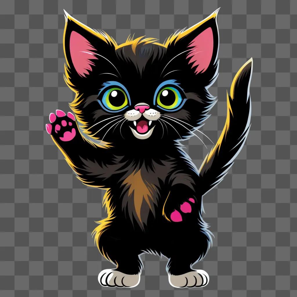 cartoon kitten is waving at the camera