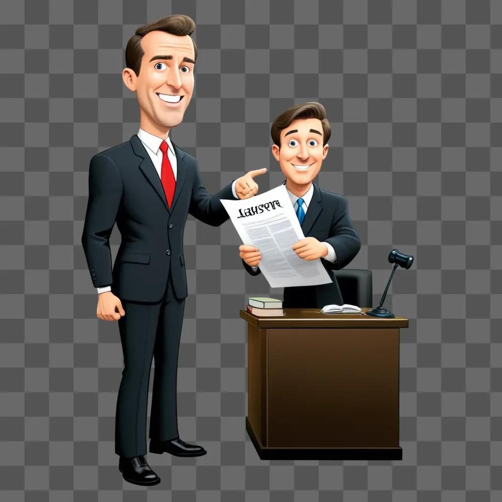 cartoon lawyer man shows a document