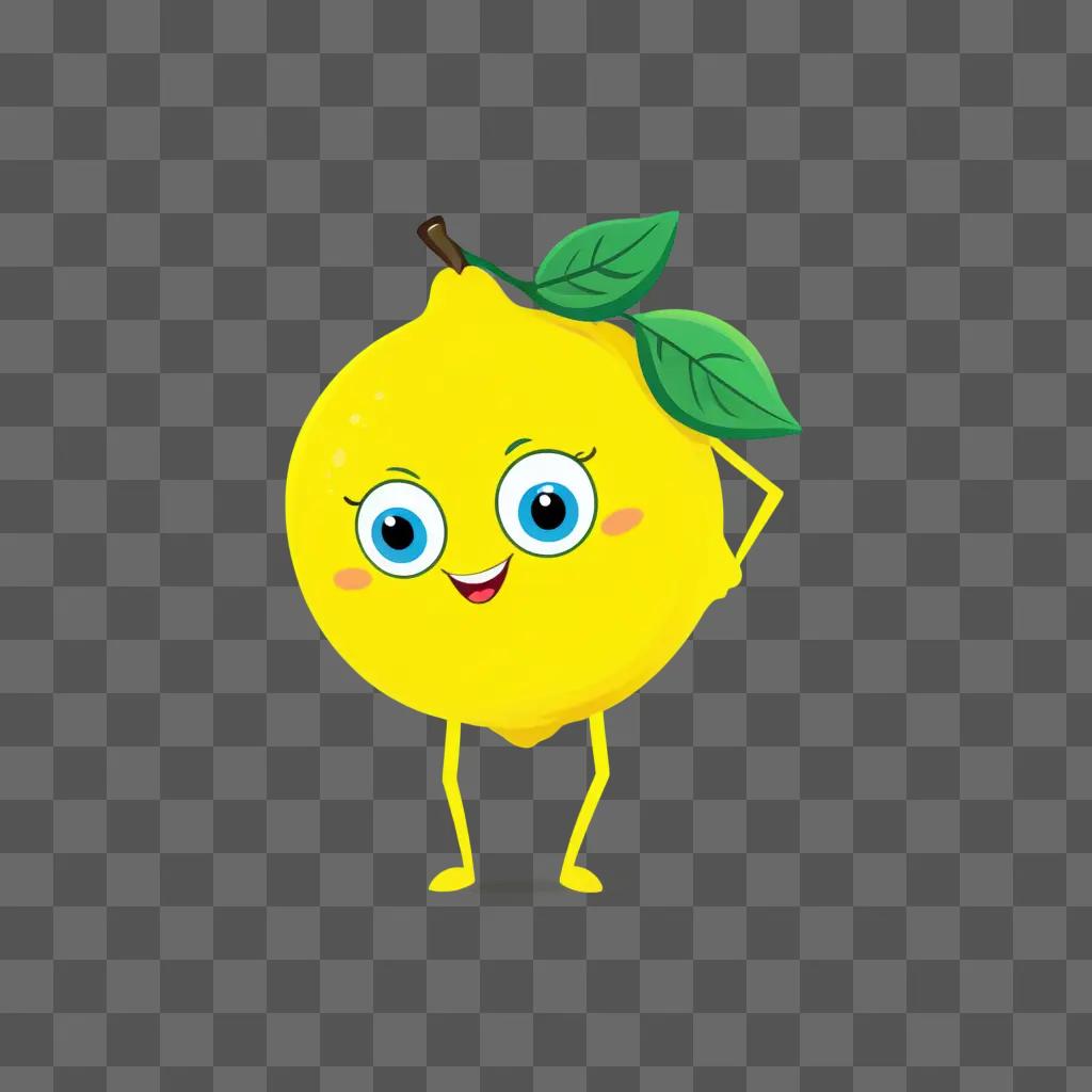 cartoon lemon with green leaves and blue eyes