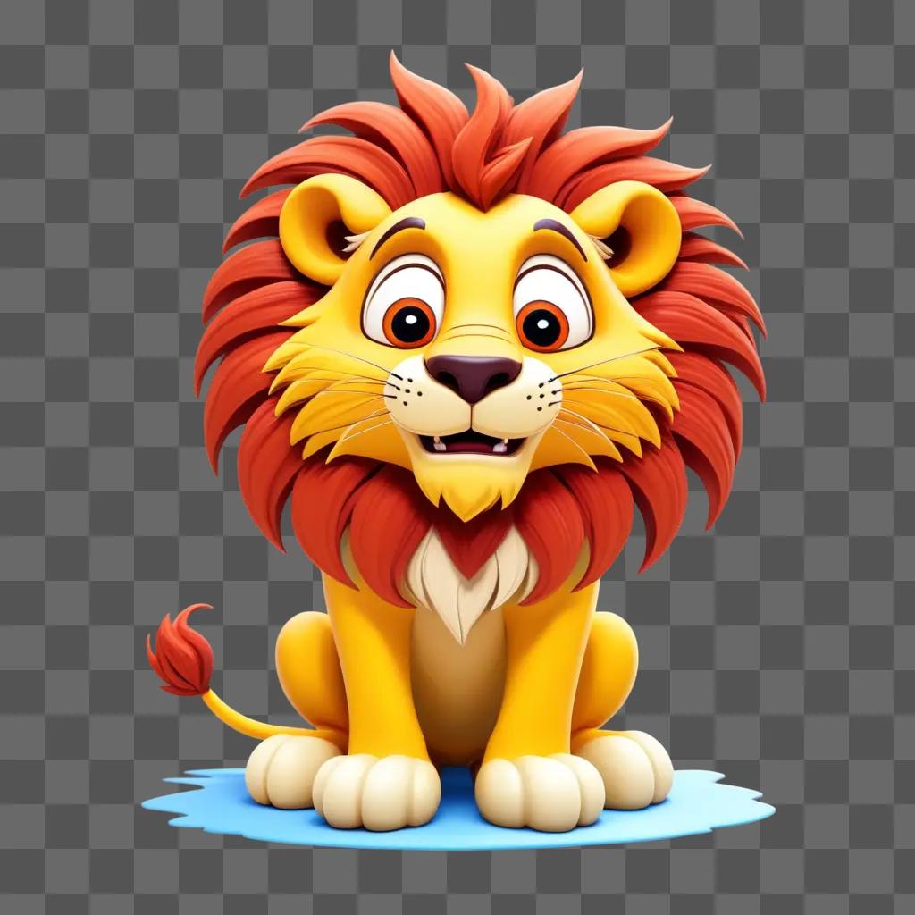 cartoon lion with a red mane sits on a blue background