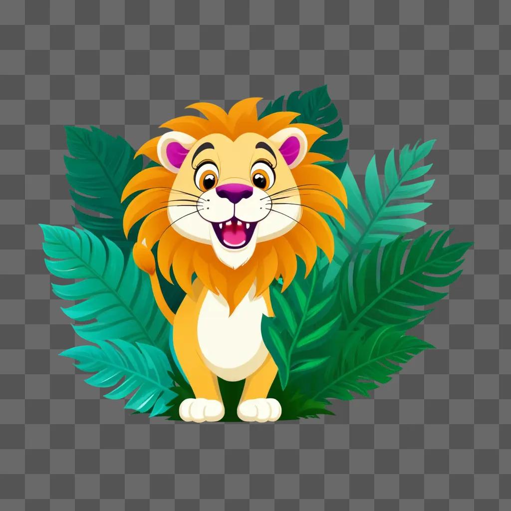 cartoon lion with a smile is surrounded by green leaves