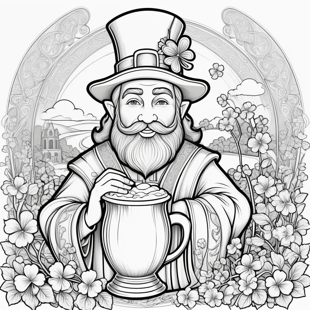 cartoon man in a hat and beard holding a cup of gold coins on a Saint Patricks Day coloring page