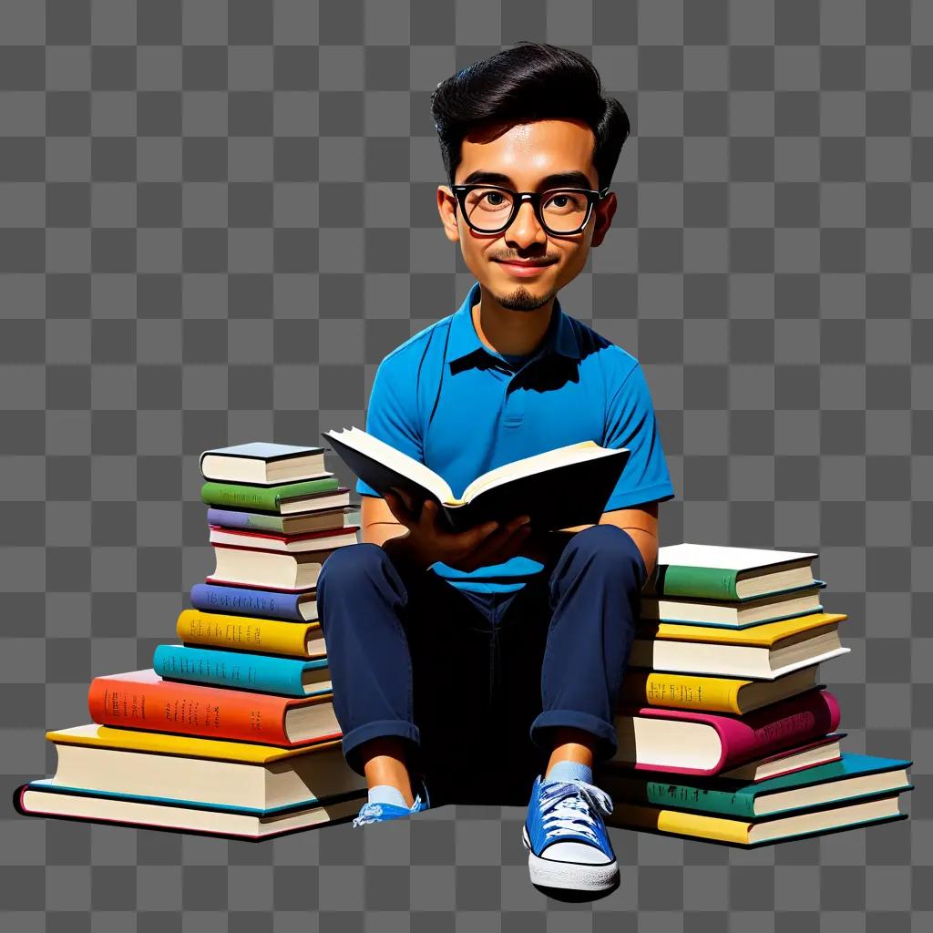 cartoon man reading books with his head on a stack of books