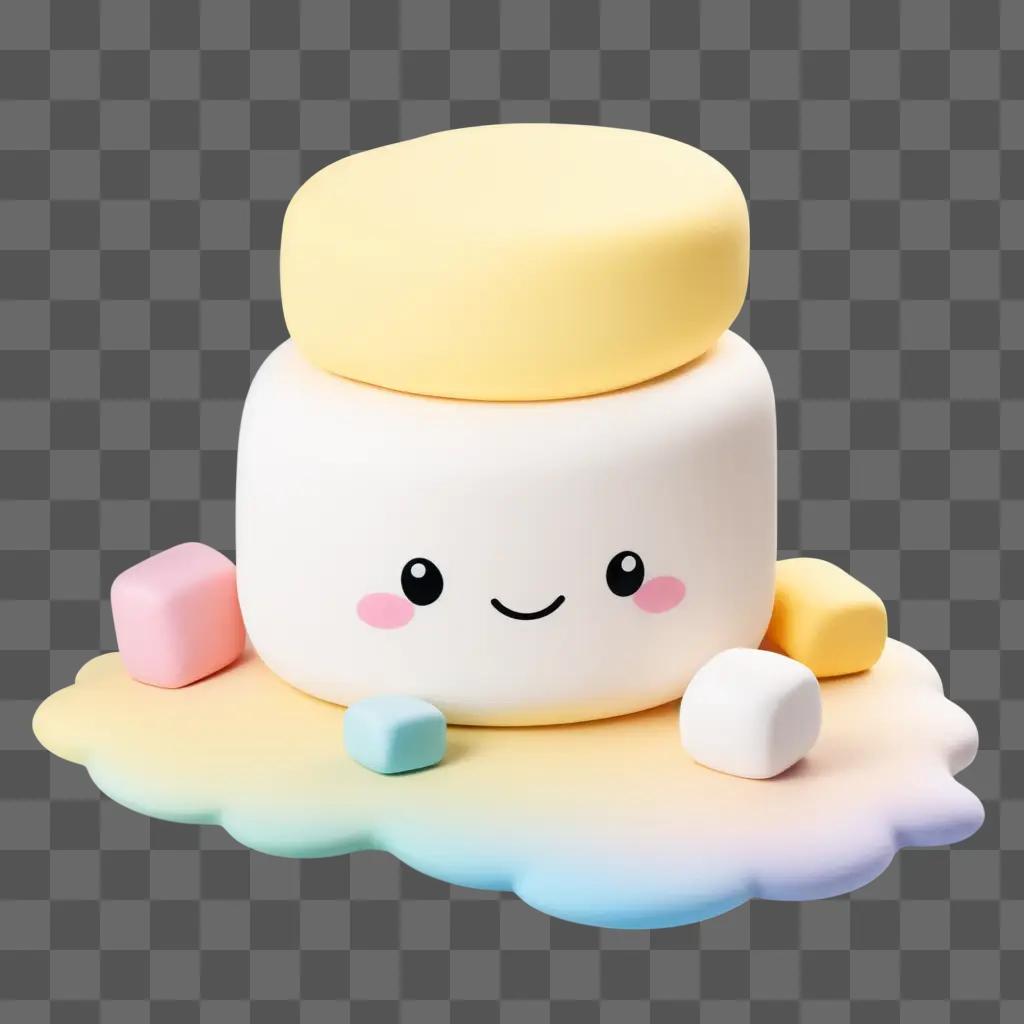 cartoon marshmallow sits on a colorful background