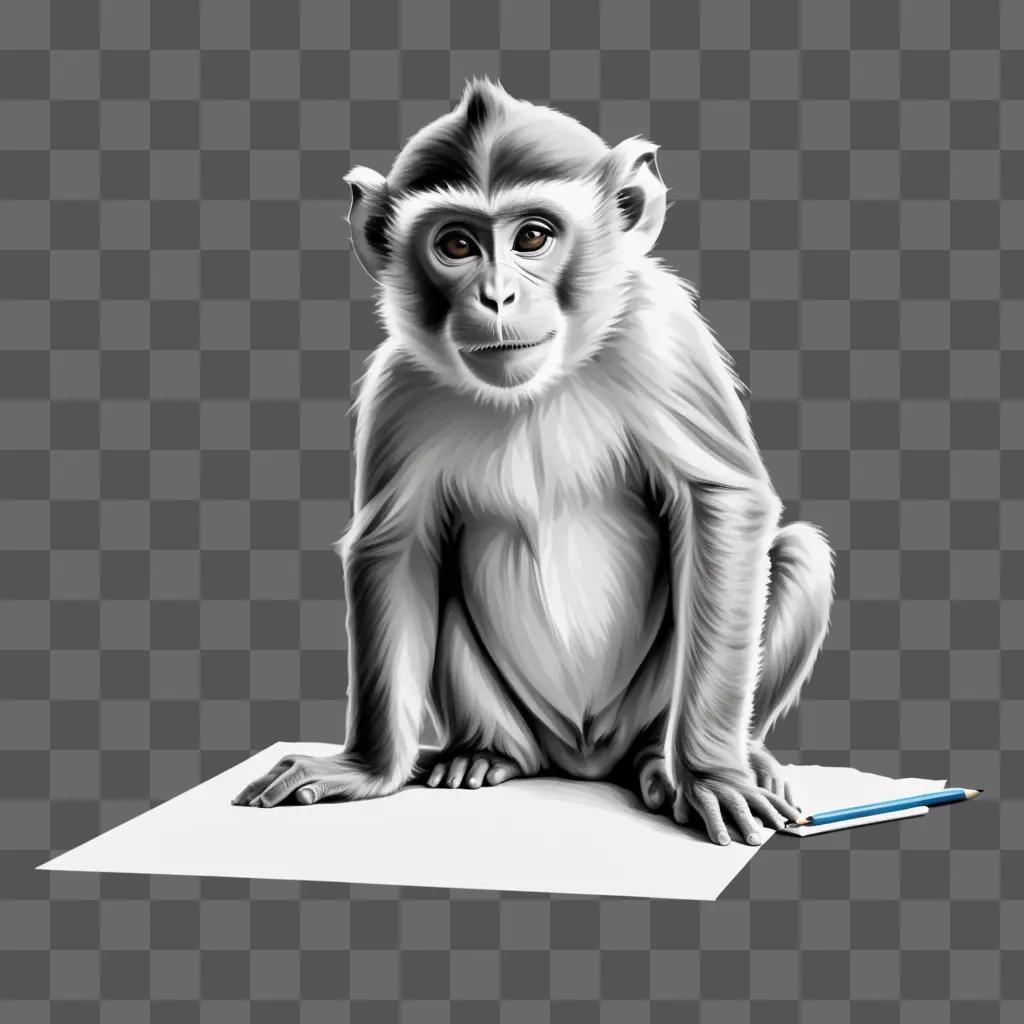 cartoon monkey drawing sits on a piece of paper