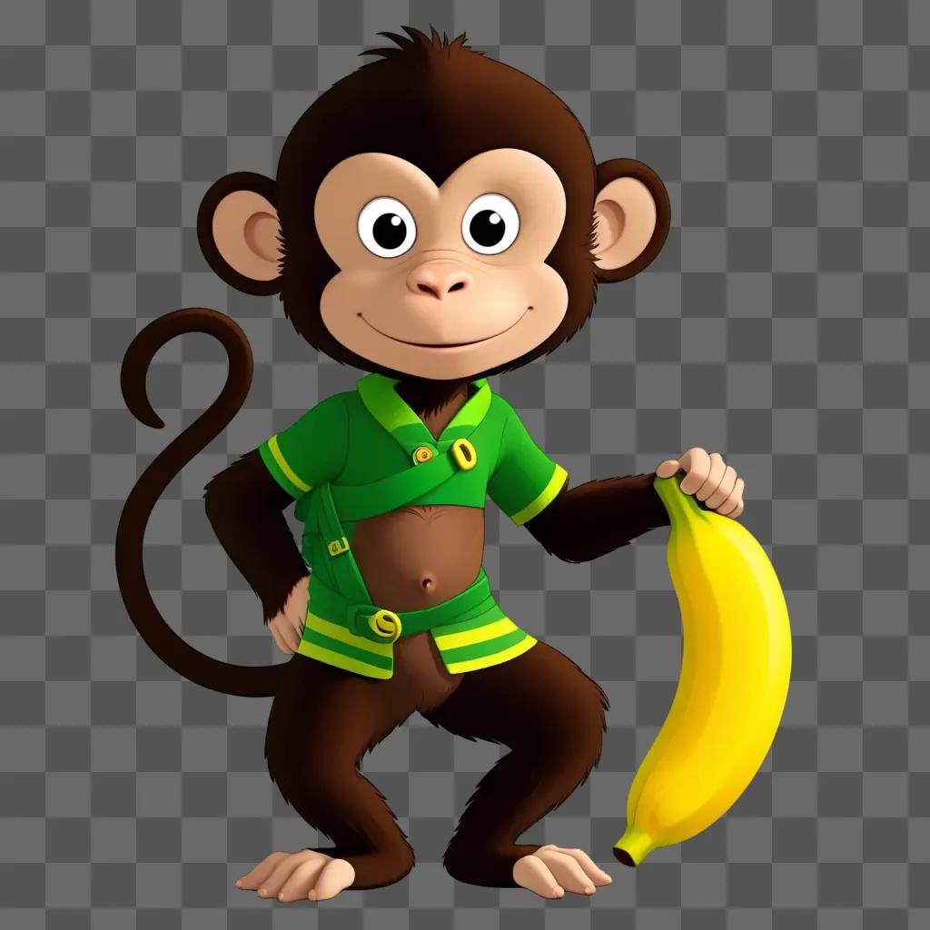 cartoon monkey holds a banana, wearing a green shirt