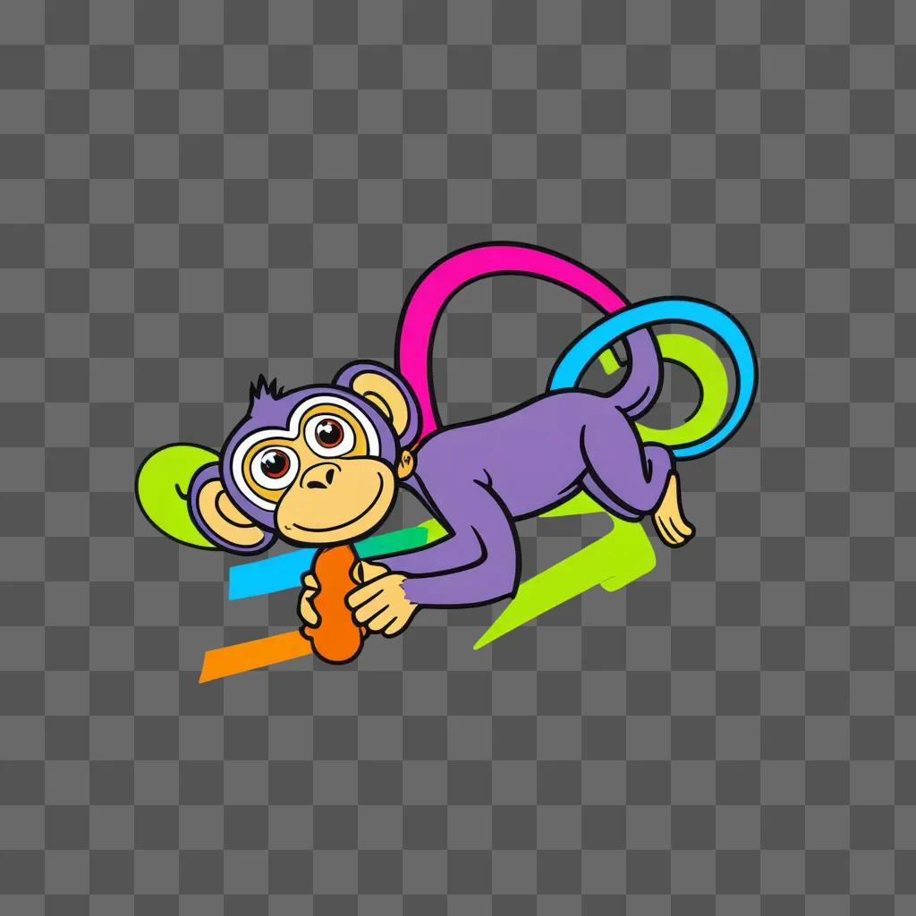 cartoon monkey holds a carrot, with a rainbow-colored background