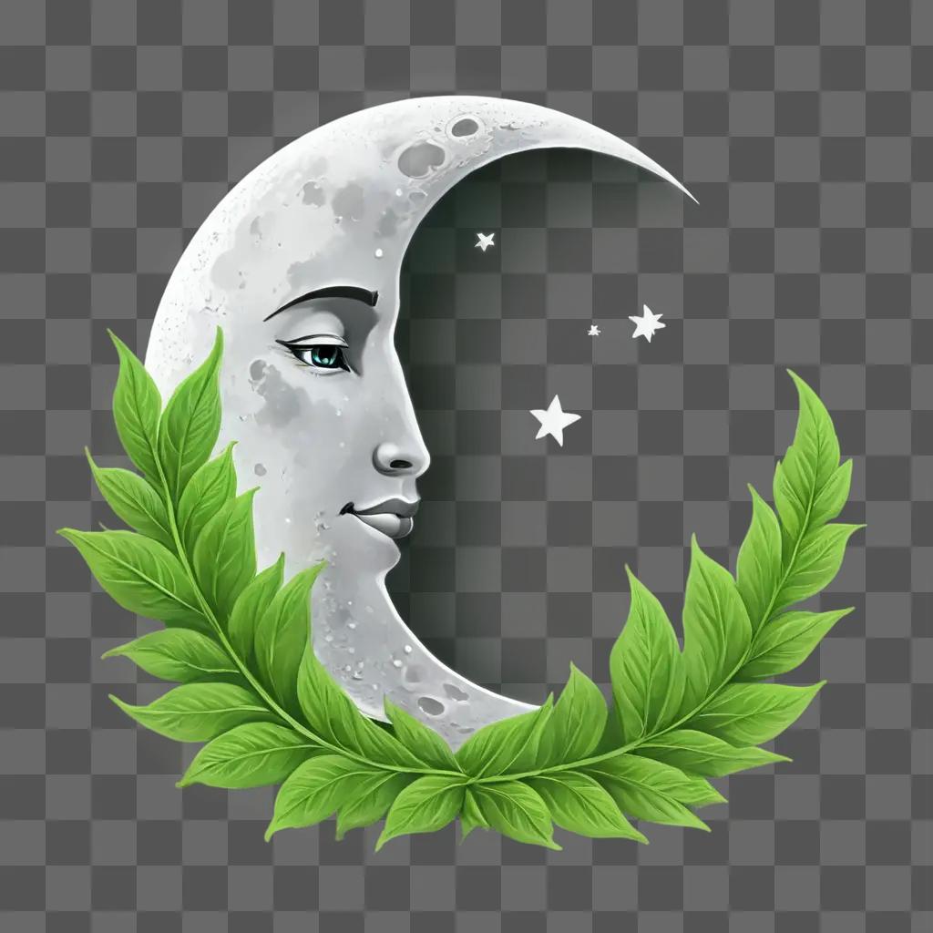 cartoon moon drawing Moon with starry sky and green leaves