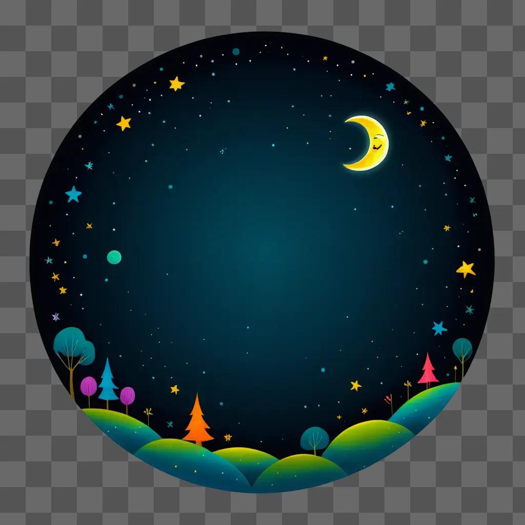 cartoon moon drawing with stars in the night sky