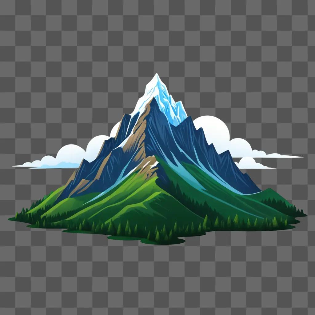 cartoon mountain with clouds and trees