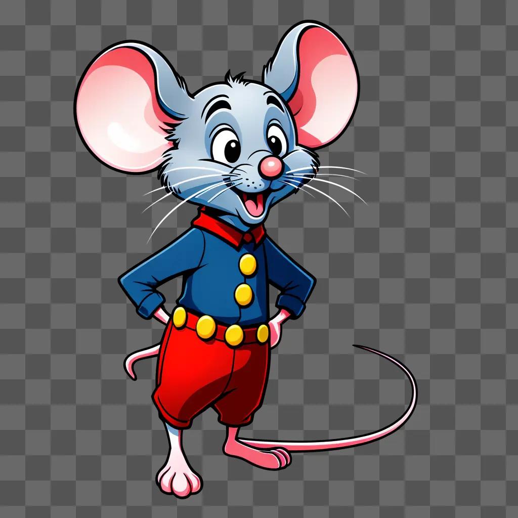 cartoon mouse wearing a red shirt and blue pants