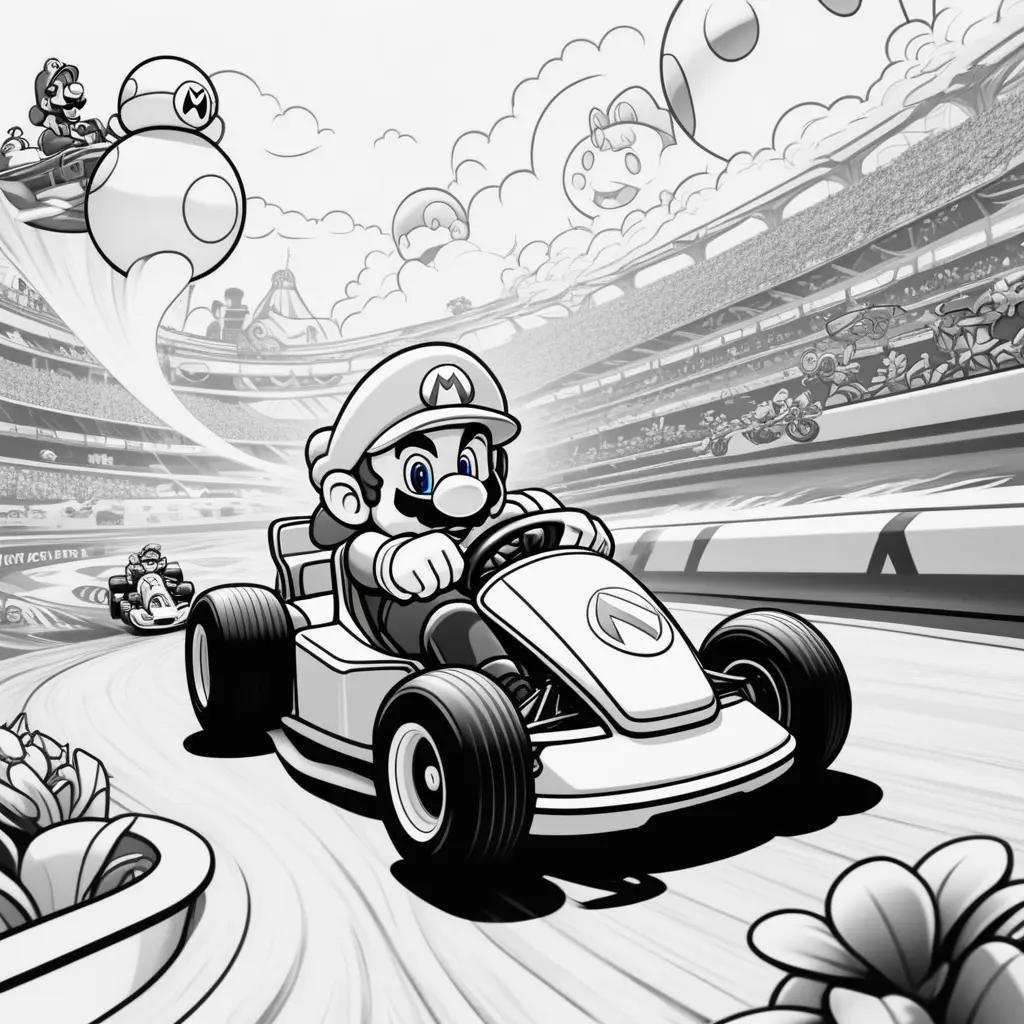 cartoon of Mario Kart with black and white coloring pages