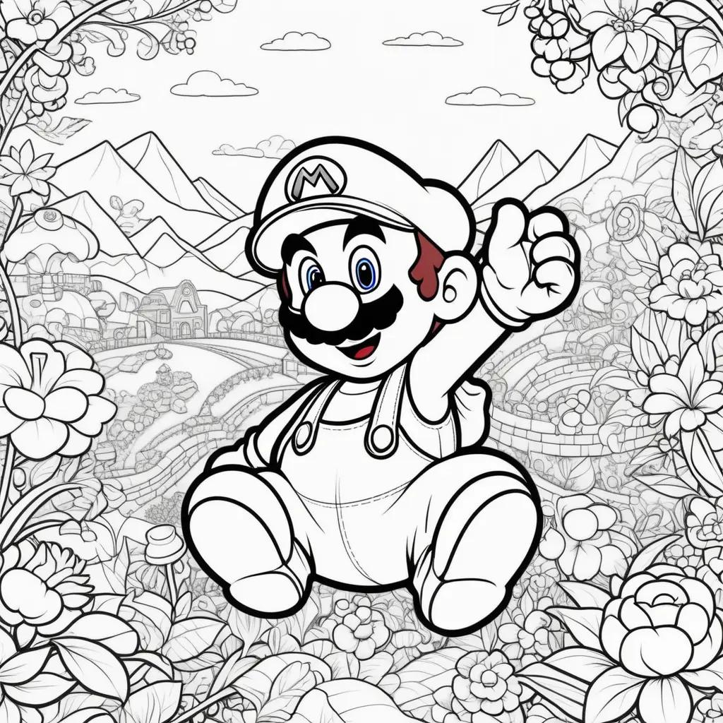 cartoon of Mario is shown on a coloring page