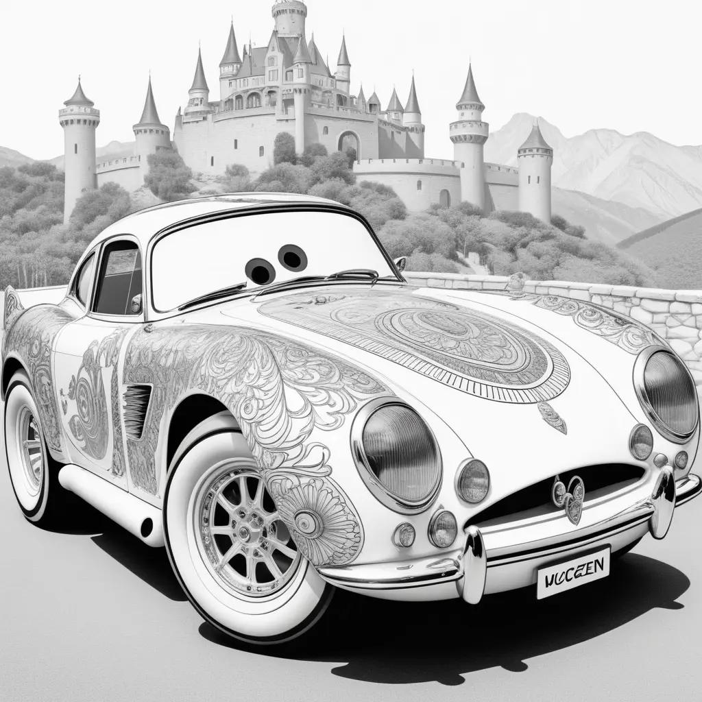 cartoon of a car with a castle in the background