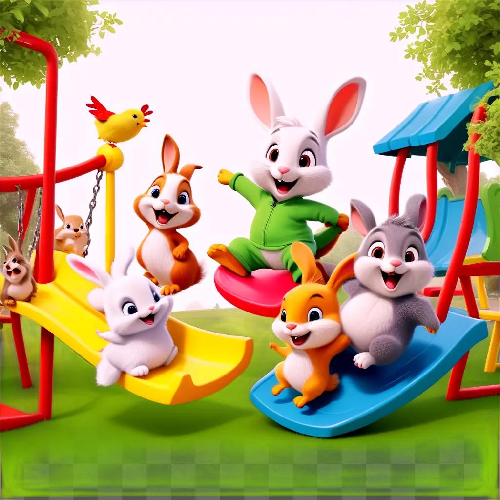 cartoon of a group of funny bunnies playing on a slide