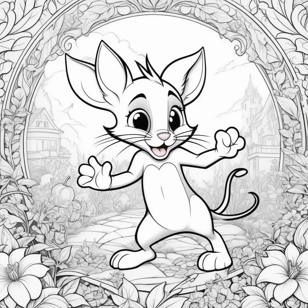 cartoon of a mouse with a house and flowers in the background