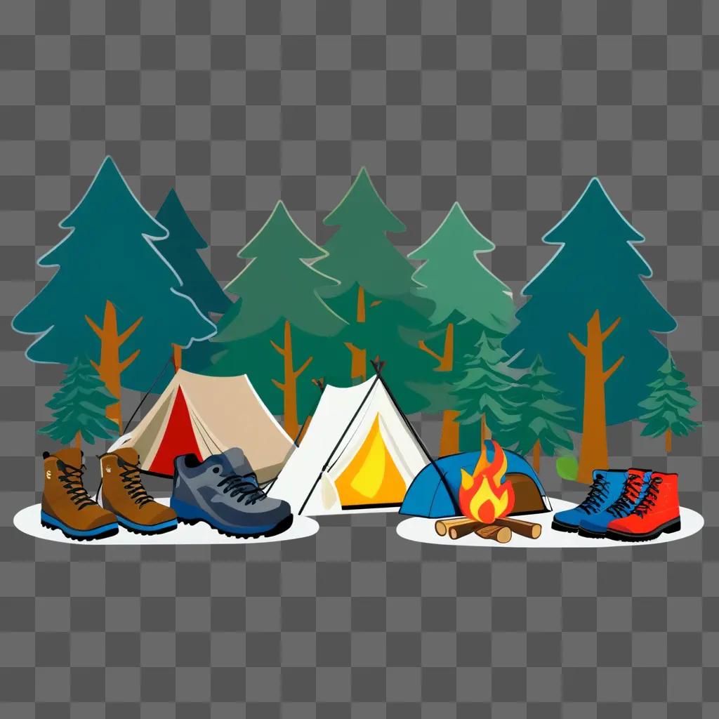 cartoon of camping gear in the woods