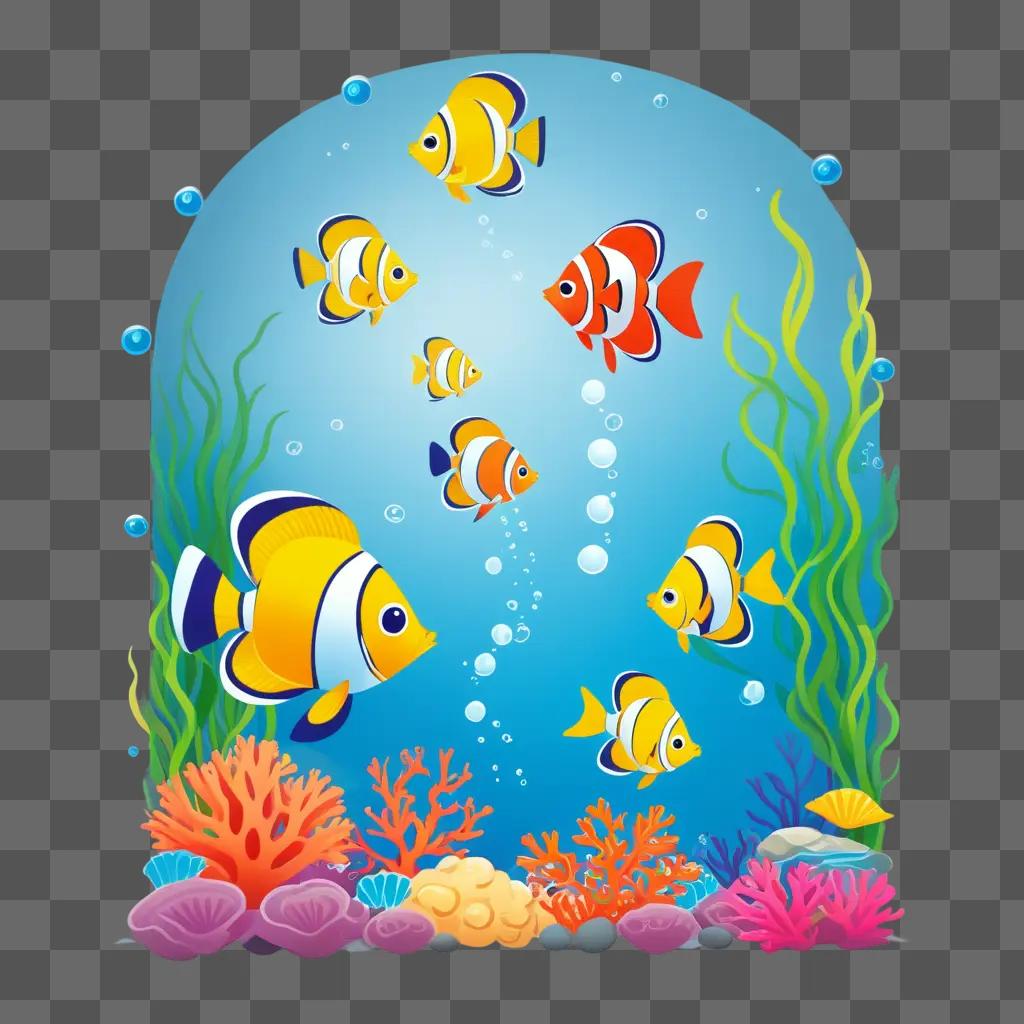 cartoon of colorful fish swimming in the ocean