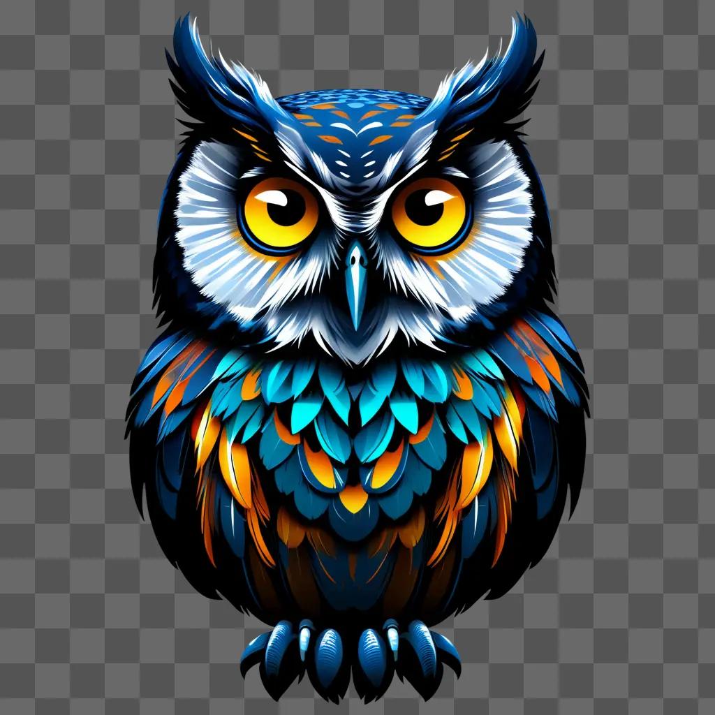 cartoon owl with yellow eyes sits in front of a blue background