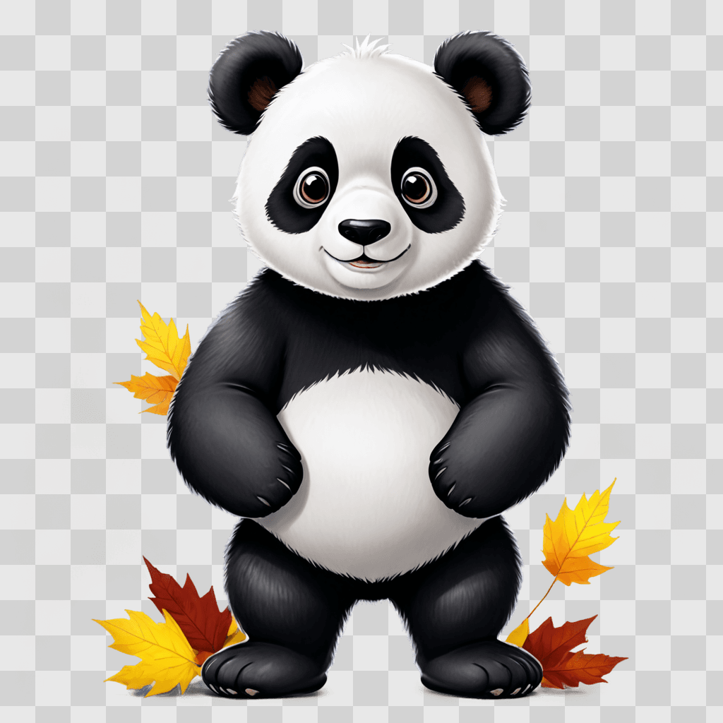 cartoon panda drawing A cartoon panda stands with yellow leaves around him