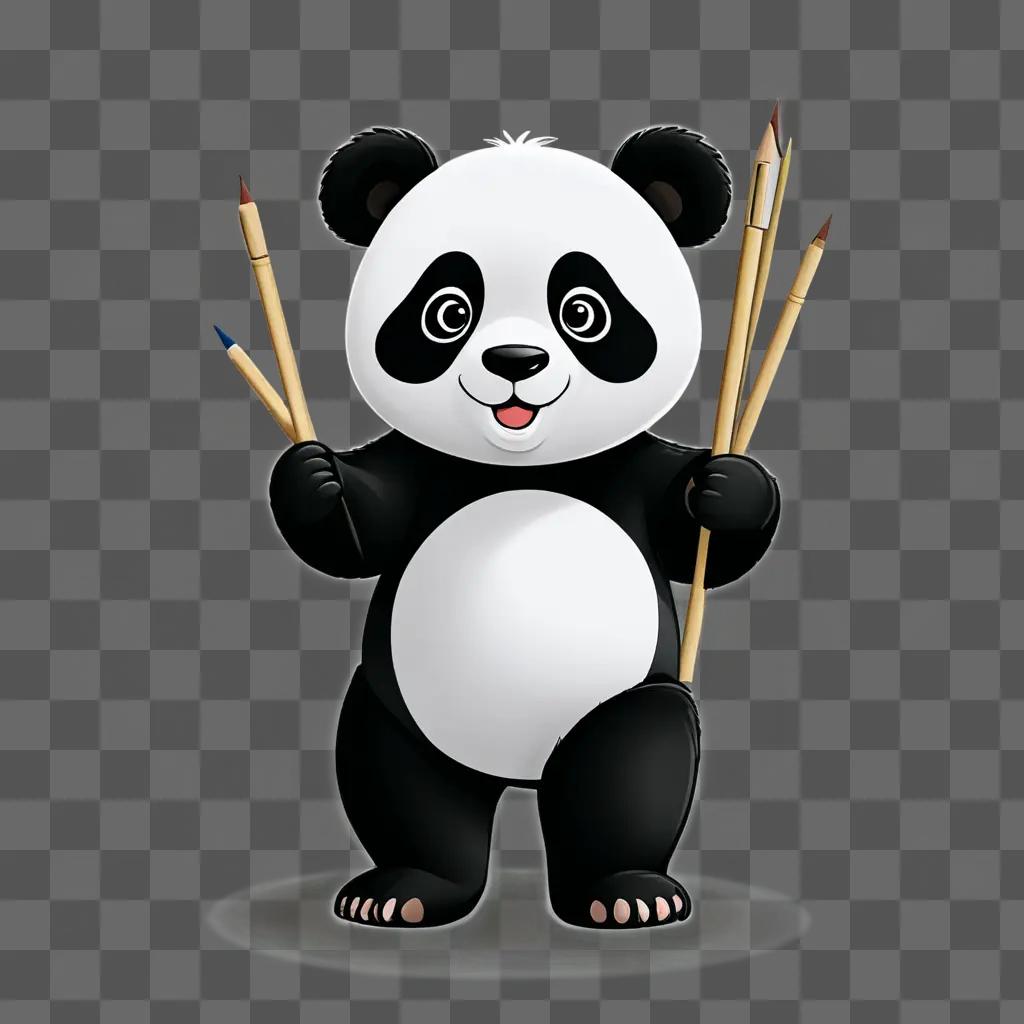 cartoon panda drawing Panda bear holding 3 colored pencils