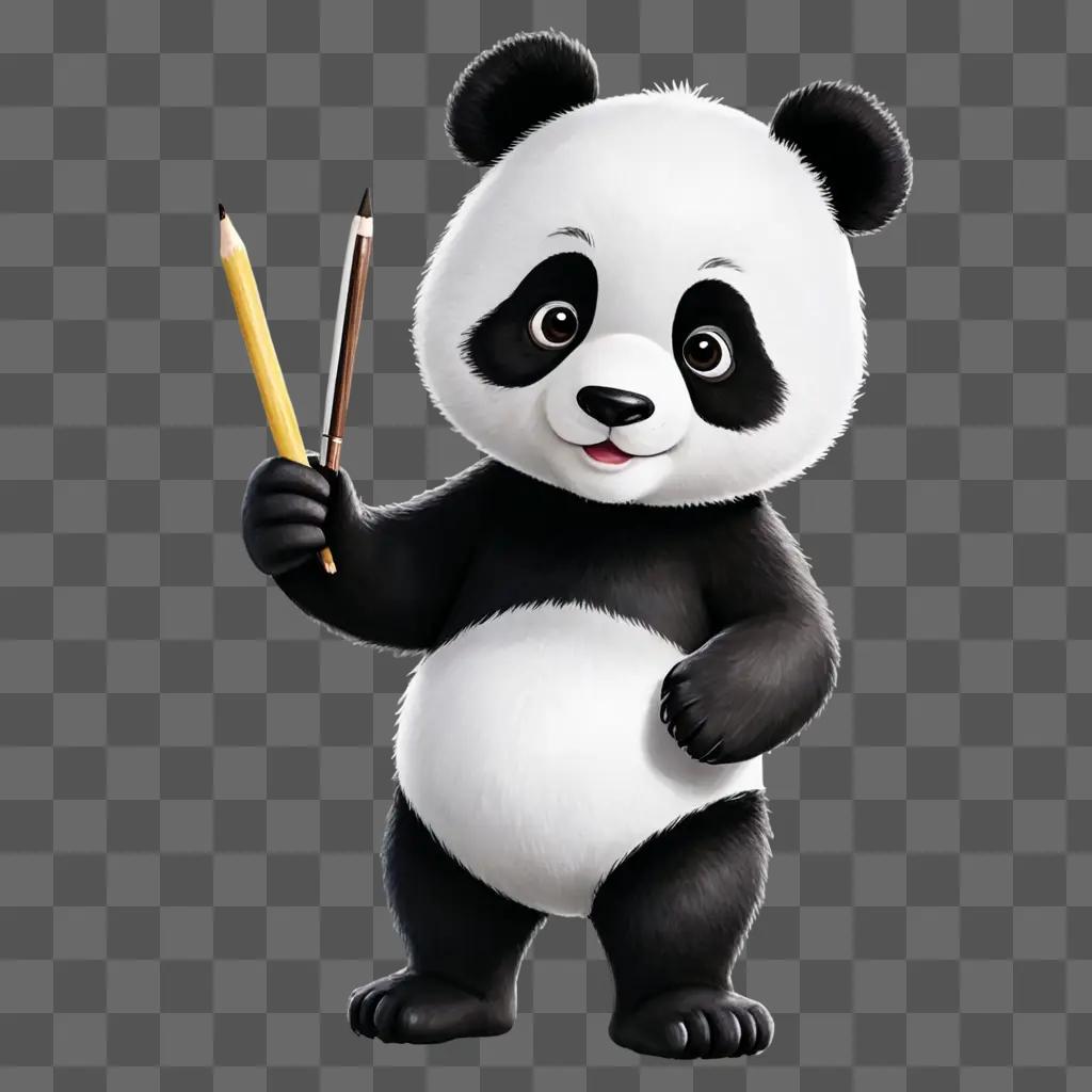 cartoon panda drawing Panda bear holding pencils in his hands