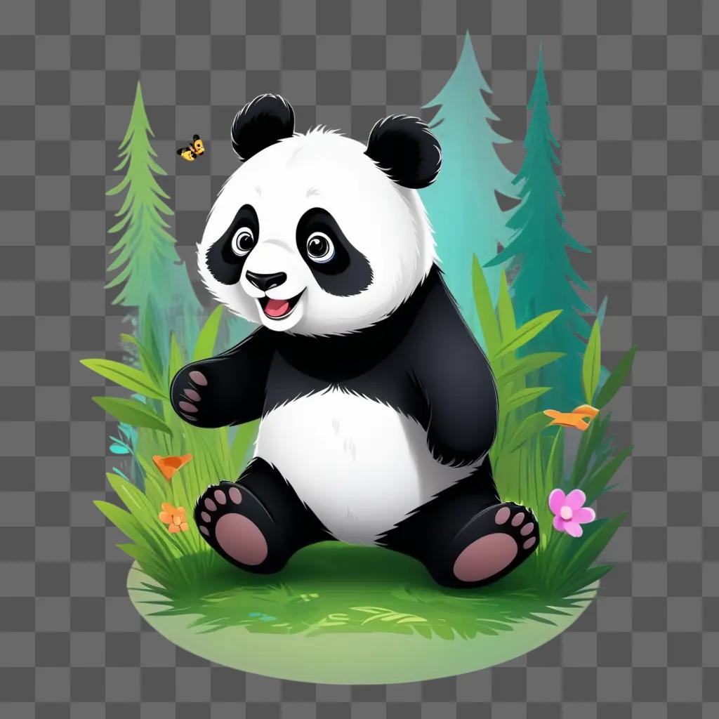 cartoon panda drawing with a flower in the grass