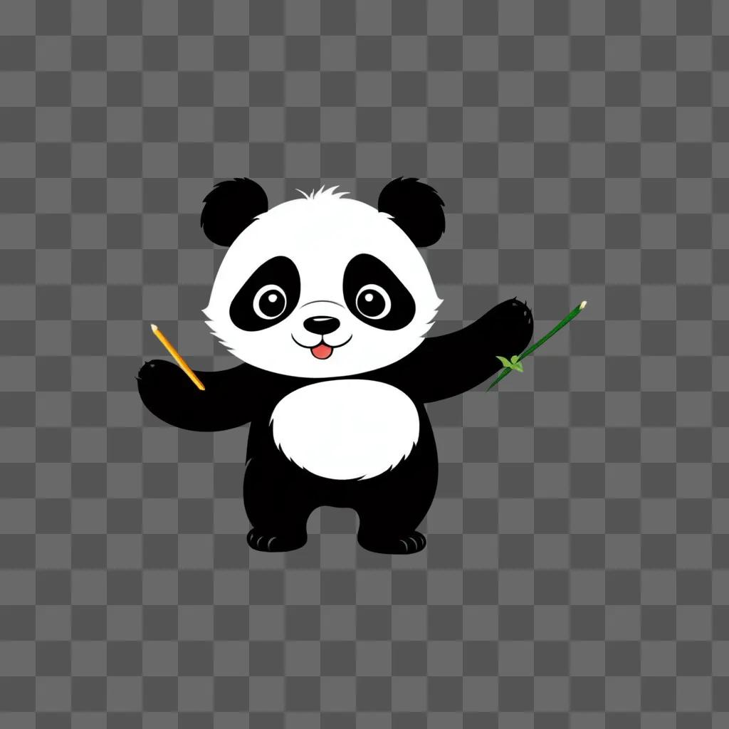 cartoon panda holding sticks in a dark room