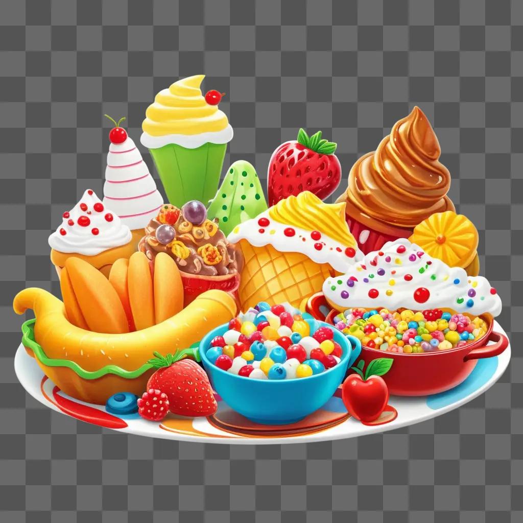 cartoon plate with a variety of sweets