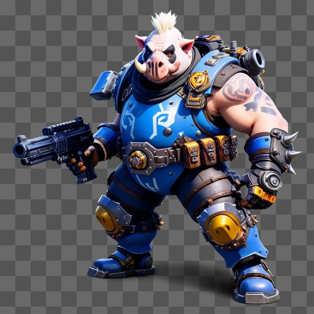 cartoon roadhog holding a gun in a dark room