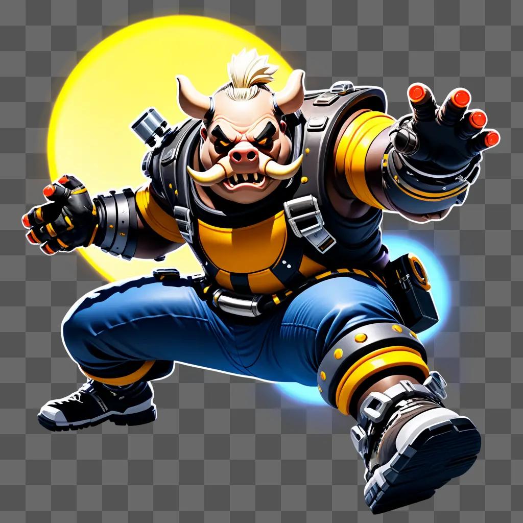 cartoon roadhog is shown in a pose with a bright light in the background