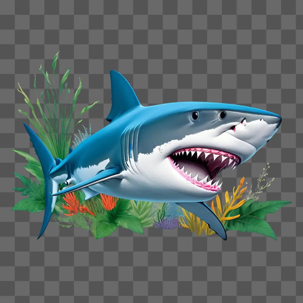 cartoon shark is shown in a blue water background