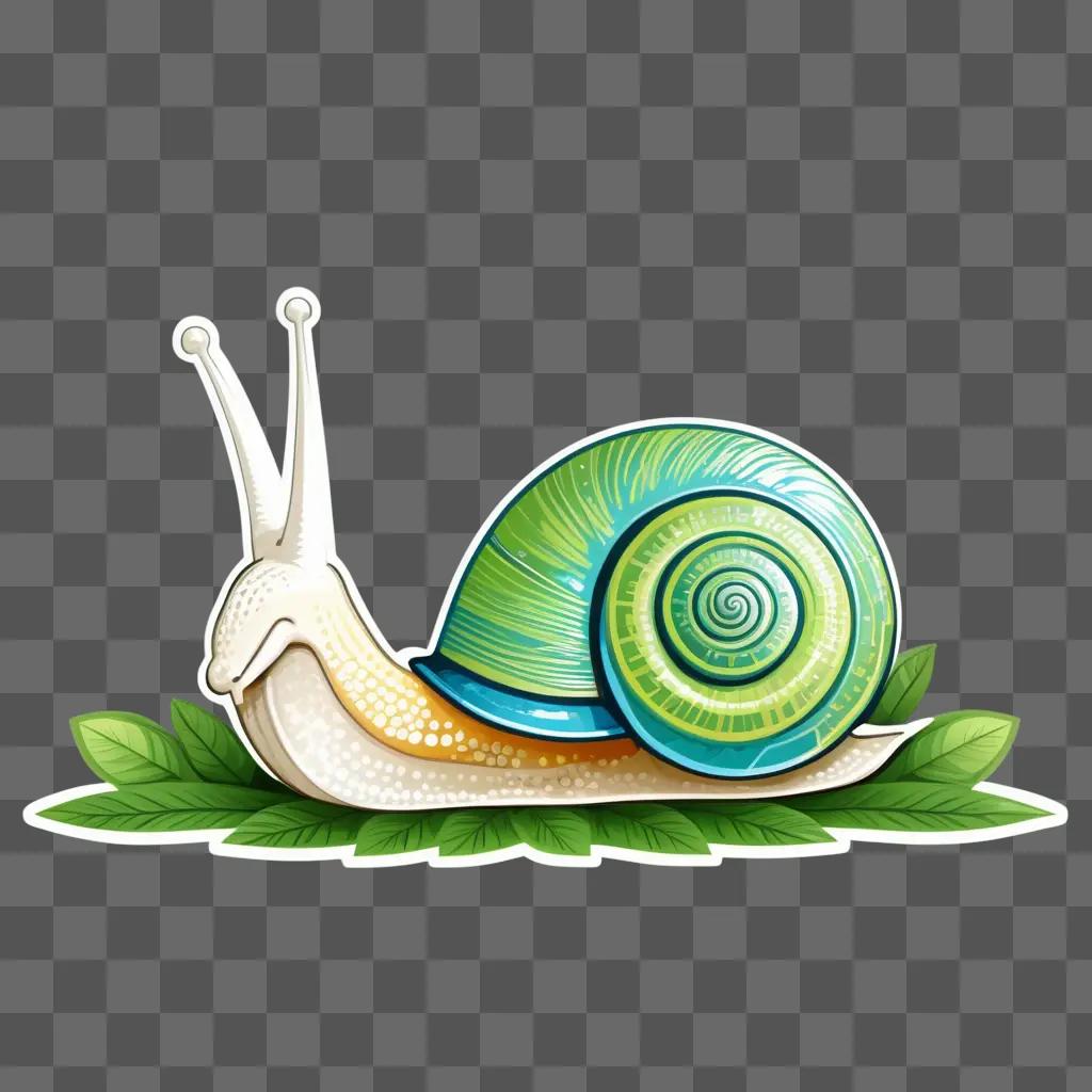 cartoon snail with green and blue coloring on a green background