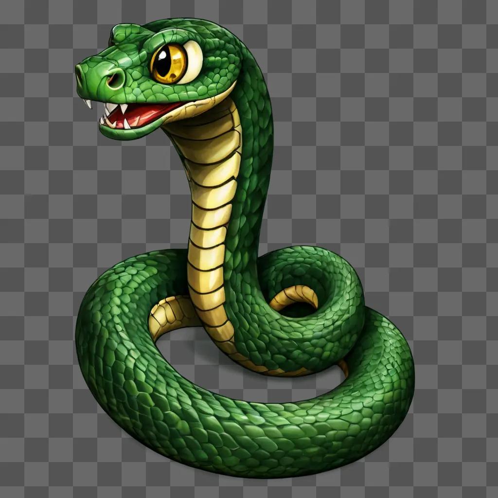 cartoon snake drawing A cartoon green snake with a yellow belly and red eyes