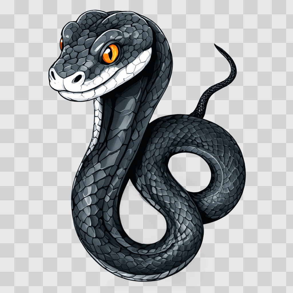 cartoon snake drawing A gray snake with orange eyes on a dark background