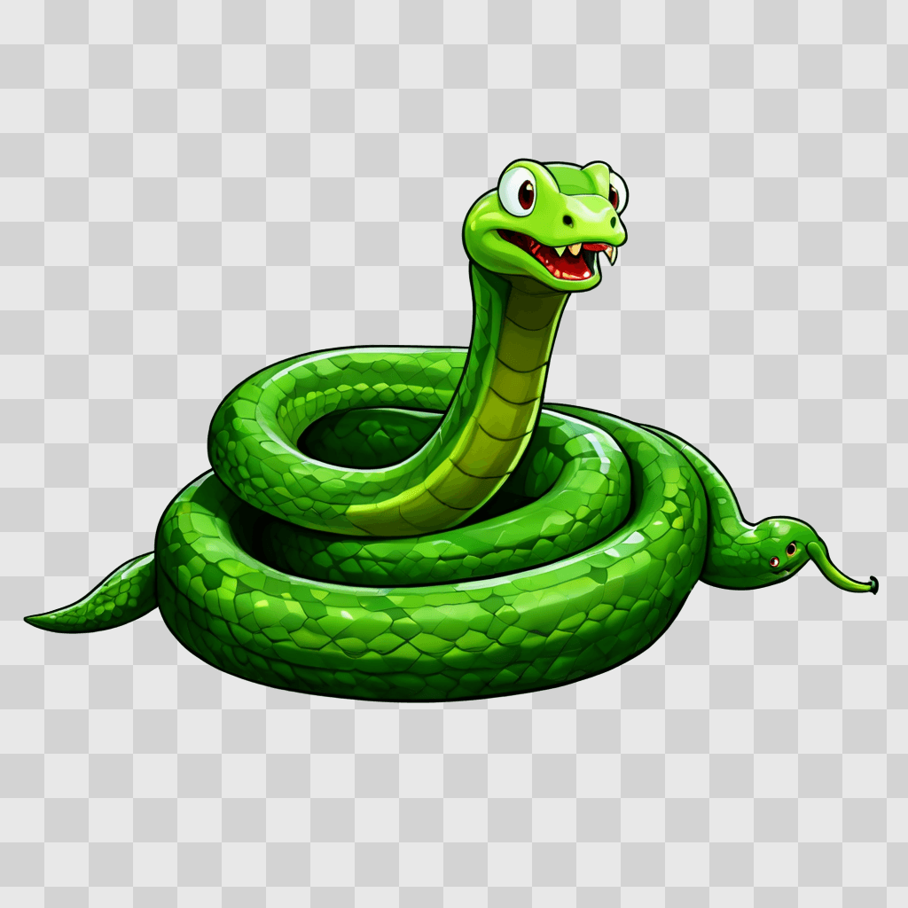 cartoon snake drawing A green snake with a smiling face and two red eyes