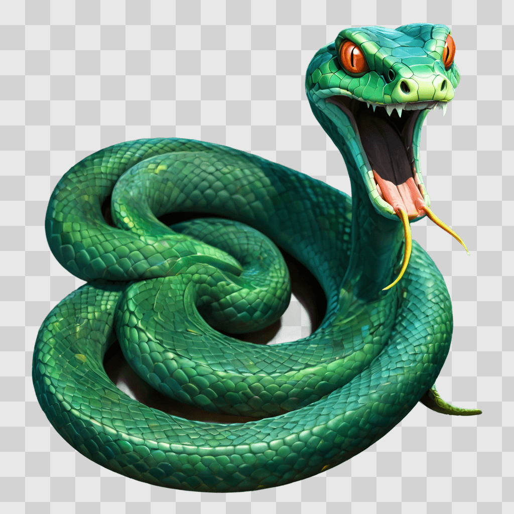 cartoon snake drawing Green snake with open mouth and orange eyes