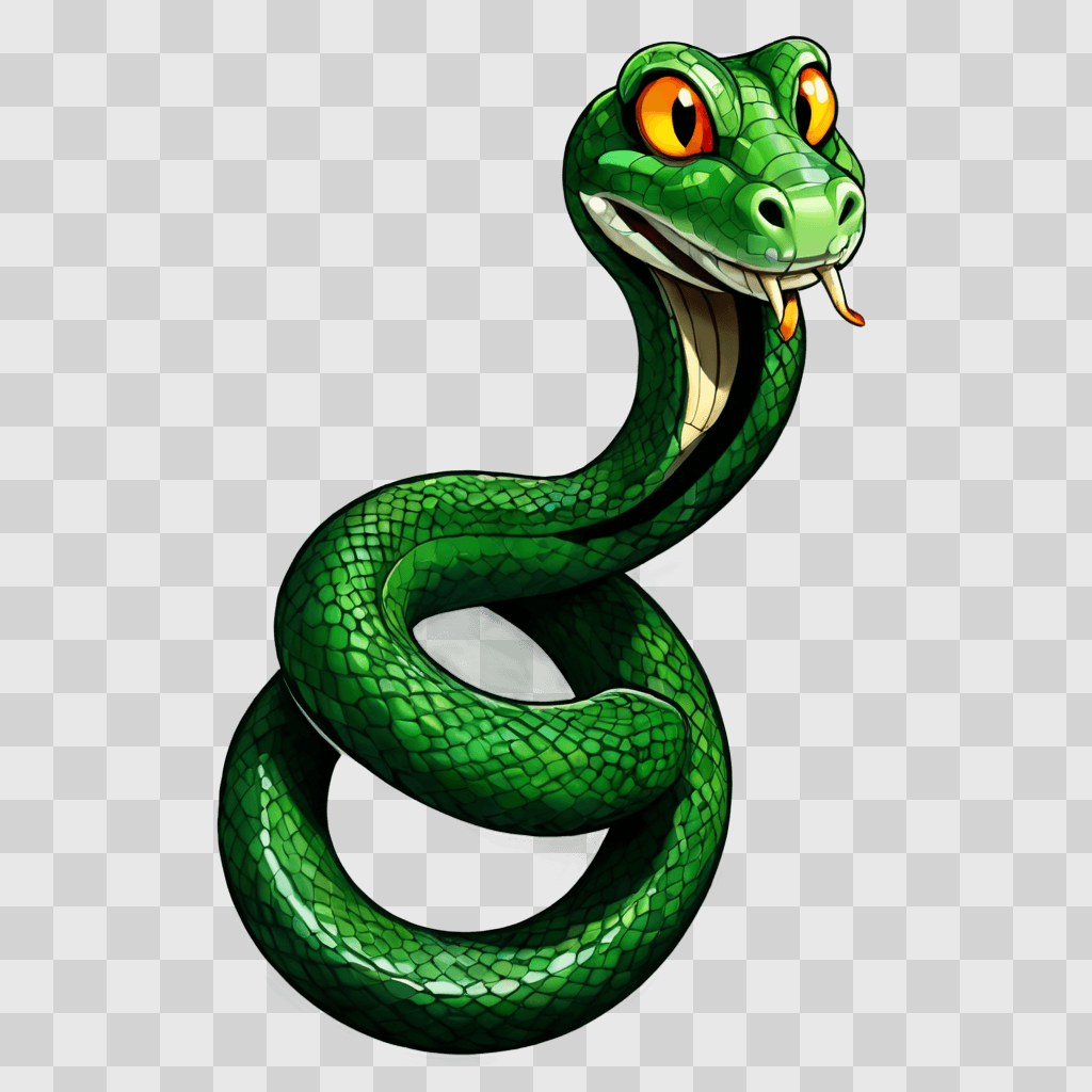 cartoon snake drawing Green snake with orange eyes on a green background