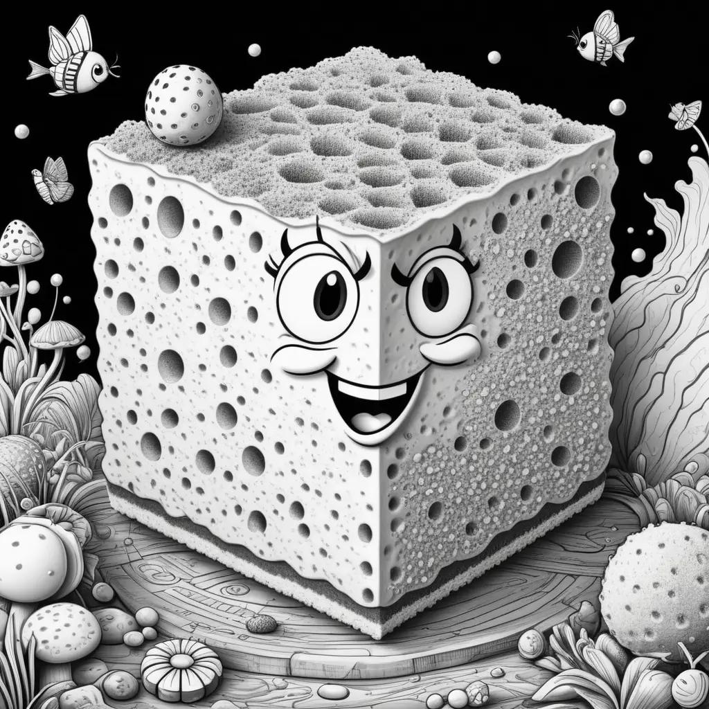 cartoon sponge smiles at a fish and coral