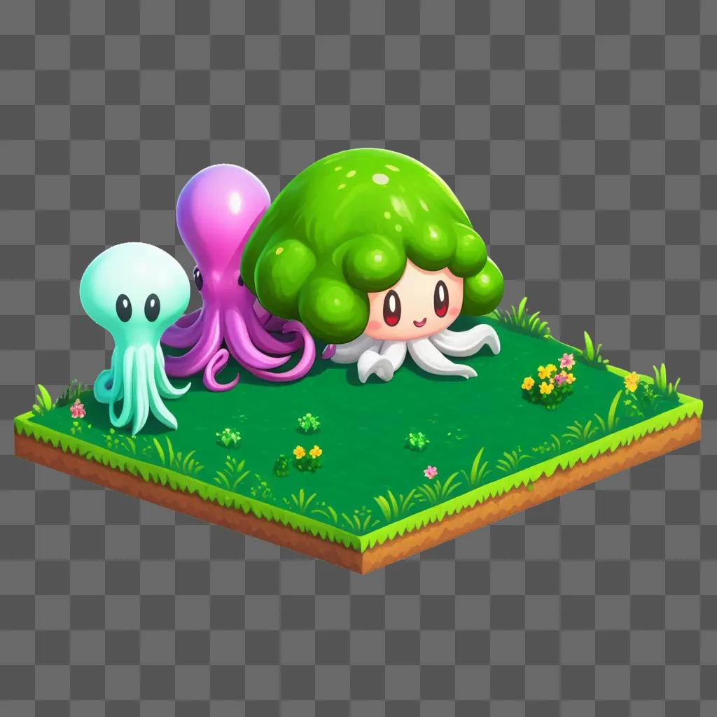 cartoon squid kid and two other cartoon creatures on a grassy area