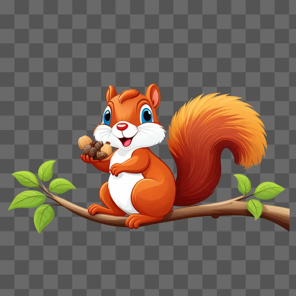 cartoon squirrel eats nuts from a branch