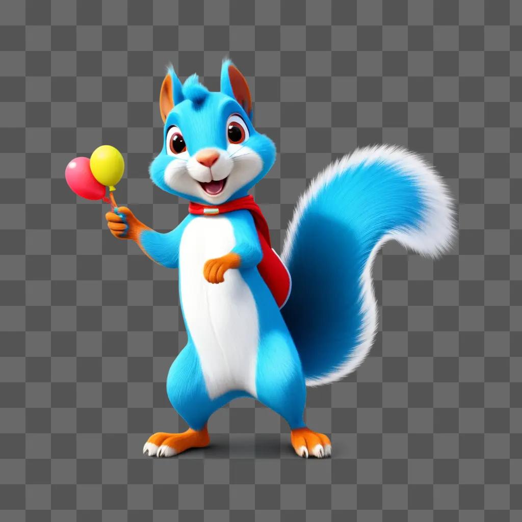 cartoon squirrel holding a balloon in one hand and a red object in the other