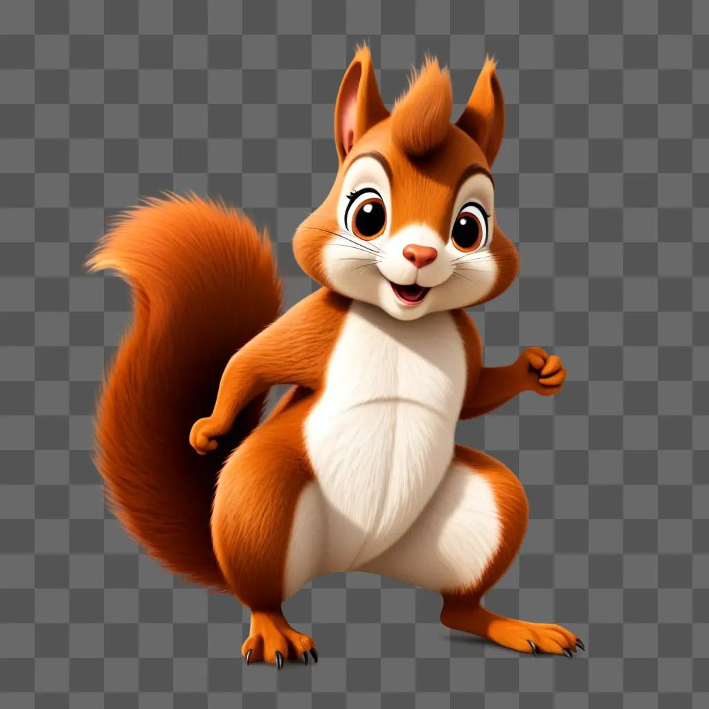 cartoon squirrel poses in a brightly colored scene