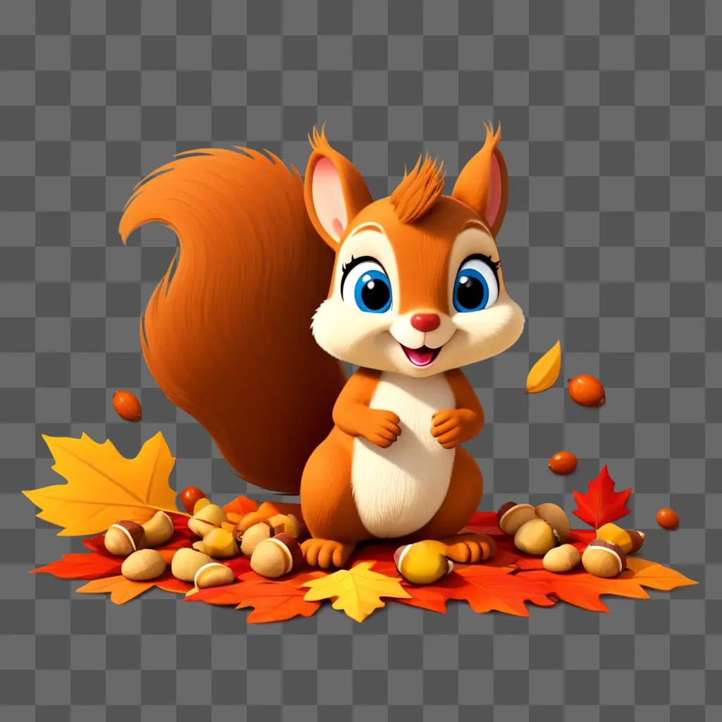 cartoon squirrel sits on a pile of leaves