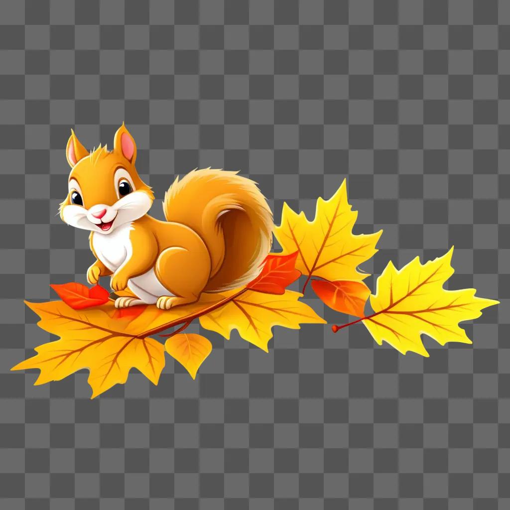 cartoon squirrel sitting on a leaf with autumn leaves in the background