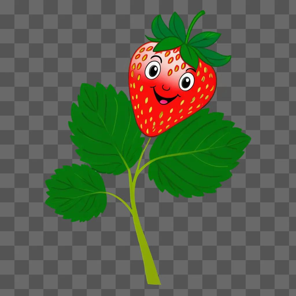 cartoon strawberry with smiling face on a leafy branch